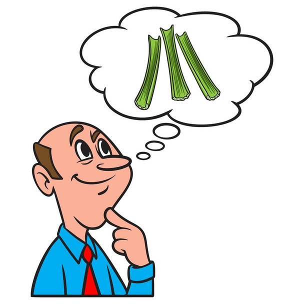 Thinking about Celery Sticks - A cartoon illustration of a man thinking about Celery Sticks. - Vector, Image