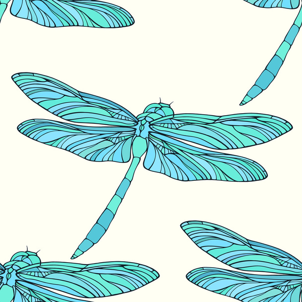 Seamless pattern with hand drawn dragonflies - Vector, Image