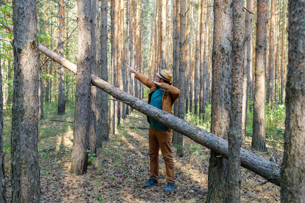 un hombre en un sombrero cerca de un árbol que bloquea su camino hace un movimiento con las manos hacia el eje, de ahí es de donde vino este movimiento. - Foto, imagen