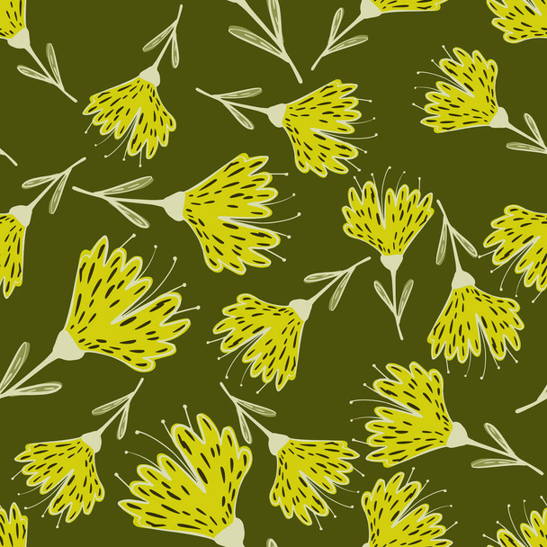 Kreslený náhodný bezešvý vzor se žlutou ozdobou z divokých květin. Zelené olivové pozadí. Objemová ilustrace. Vektorový design pro textil, tkaniny, dárky, tapety. - Vektor, obrázek