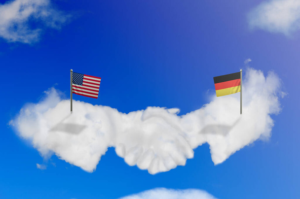 Σύννεφο σχήμα των ΗΠΑ και της Γερμανίας χειραψία σε μπλε ουρανό. - Φωτογραφία, εικόνα