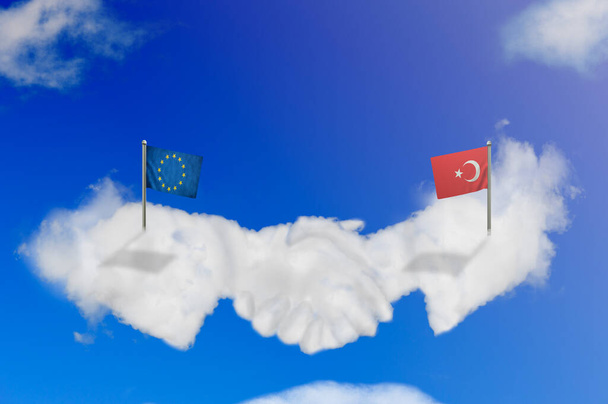 Chmurowy kształt UE i Turcji uścisk dłoni na błękitnym niebie. - Zdjęcie, obraz