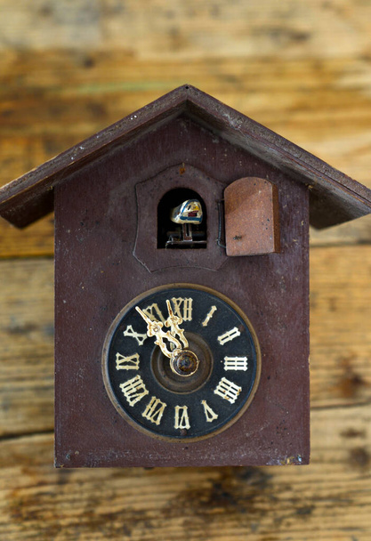 Sólido xilogravura esculpida relógio de parede antigo cuco no fundo de madeira, imagem conceito de tempo - Foto, Imagem