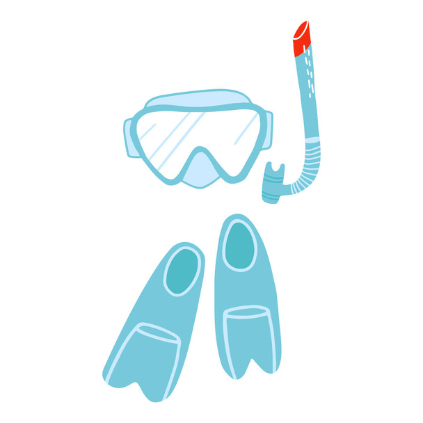 Buceo, equipo de snorkel. Mascarilla de natación dibujada a mano con snorkel, gafas, aletas. Ilustración aislada vectorial. - Vector, Imagen