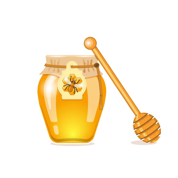 Pot de miel en verre avec trempette à miel en bois. illustration vectorielle. - Vecteur, image