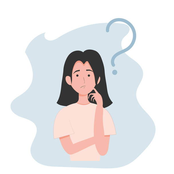 The girl thinks with the question mark above. Isolated on a white background. - Vector, Image