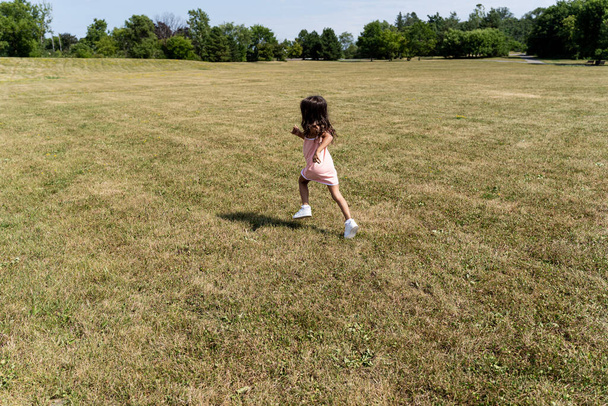 Chica joven en vestido rosa y corriendo en un parque visto por detrás - Foto, Imagen
