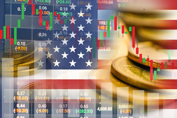 Bourse trading d'investissement financier, drapeau de pièce et d'Amérique ou Forex pour analyser les tendances de l'entreprise de financement des bénéfices fond de données. - Photo, image