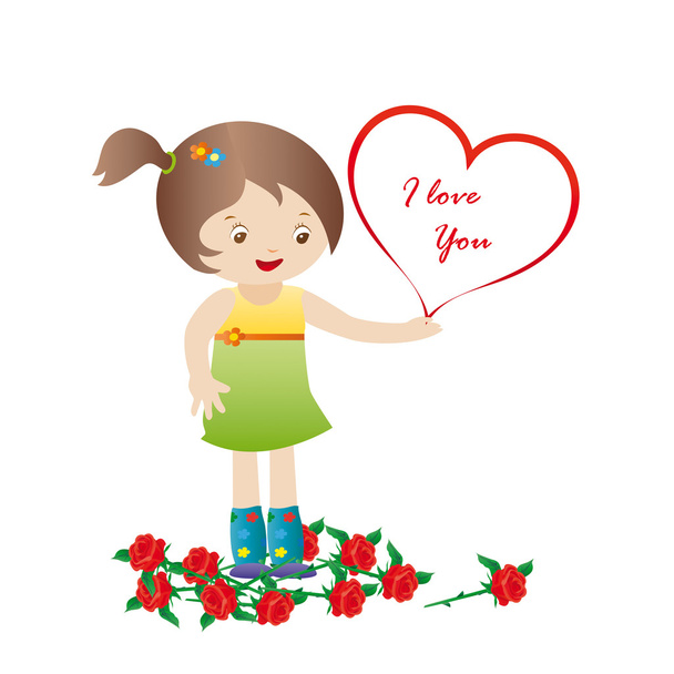 Girl with roses and heart - Vector, Image
