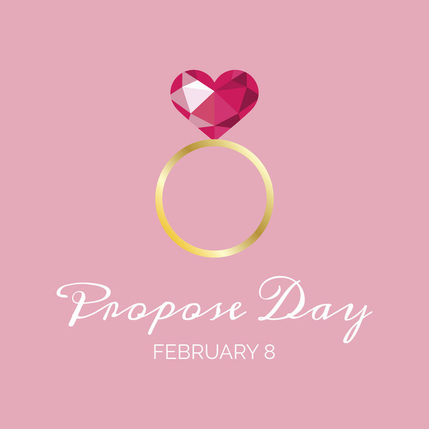 Propose Day Poster with gold ring with a heart-shaped diamond vector. Pink diamond heart vector. Polygonal red heart icon isolated on a pink background. Propose Day Poster, February 8. Important day - Vector, Image