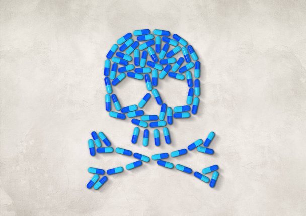 Skull made of blue capsule pills isolated on white concrete background. 3D illustration - Fotó, kép