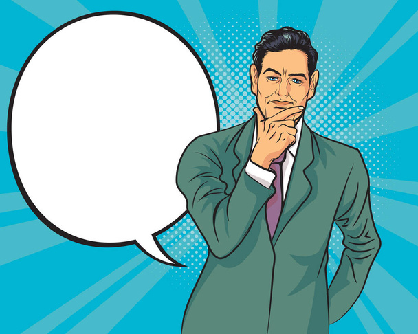бизнес люди, думающие бизнес, люди, коммуникация и информационная концепция думающий бизнесмен в костюме с текстовым мыльным пузырем Поп-арт ретро комикс - Вектор,изображение