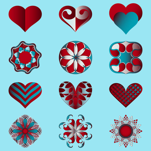 Set of vector valentines day icons. Heart, abstract shapes, decorative flowers, design elements for decoration - Vektor, Bild