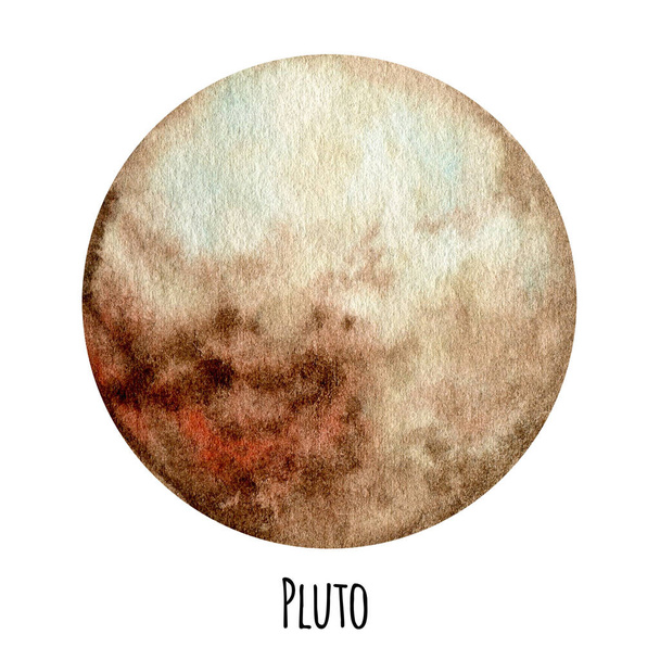 Pluto Planet sluneční soustavy akvarel izolované ilustrace na bílém pozadí. Vesmírná planeta nakreslena ručně. Naše galaxie astronomie vzdělávací materiál. - Fotografie, Obrázek