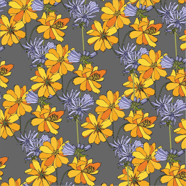 Chicory σύμπαν αδιάλειπτη μοτίβο. Κίτρινο μπλε λουλούδι σε γκρι βοτανική τέχνη σχέδιο απόθεμα διανυσματική απεικόνιση για το διαδίκτυο, για εκτύπωση, για εκτύπωση υφάσματος - Διάνυσμα, εικόνα