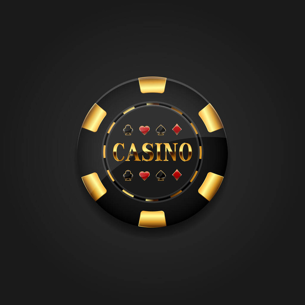 Casino chip with golden lettering.Hearts, Diamonds, Clubs, Spades. Vector illustration isolated on black background. - Vector, Image