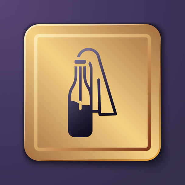 Purple Cocktail molotov icon isolated on purple background. Gold square button. Vector. - Vektör, Görsel