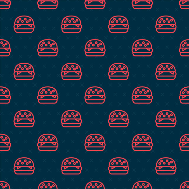 Red line Burger icon isolated seamless pattern on black background. Hamburger icon. Cheeseburger sandwich sign. Fast food menu.  Vector Illustration. - Vector, Image