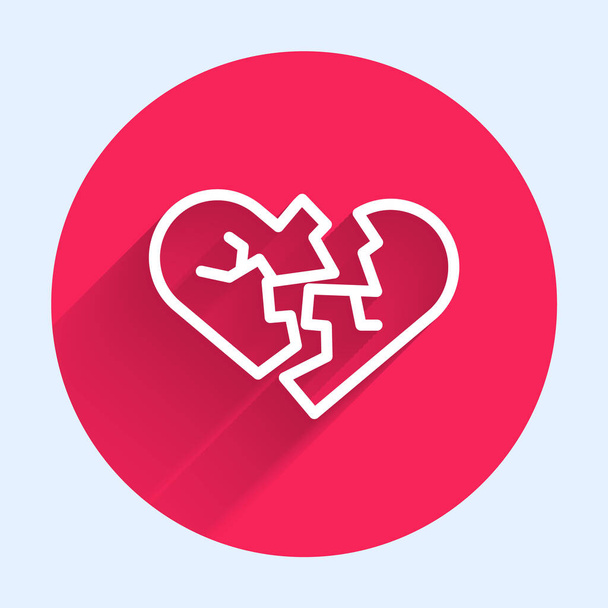 Línea blanca Corazón roto o icono de divorcio aislado con sombra larga. Símbolo de amor. Día de San Valentín. Botón círculo rojo. Vector. - Vector, Imagen