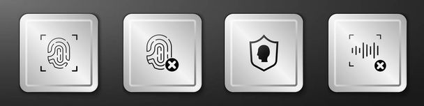 指紋、拒絶指紋、ユーザー保護、音声認識アイコンを設定します。銀四角形のボタン。ベクトル. - ベクター画像