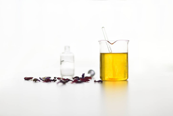 Tube à essai contenant des extraits de plantes et des huiles végétales dans la préparation du sérum sur fond blanc - Photo, image
