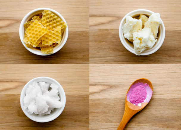 Collage of different crafts products for homemade beauty and make up products making. Yellow raw beeswax, beige Shea butter chunks, pink coloring powder on wood spoon and white coconut oil butter.  - Photo, Image