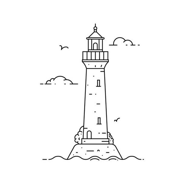 Outline lighthouse on island in sea with clouds and waves - Vector, imagen