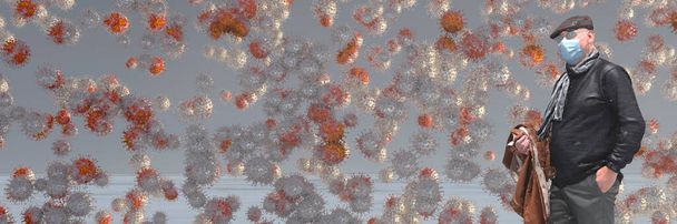 Yüzen koronavirüs virüsünün simülasyonunun 3 boyutlu çizimi - Fotoğraf, Görsel