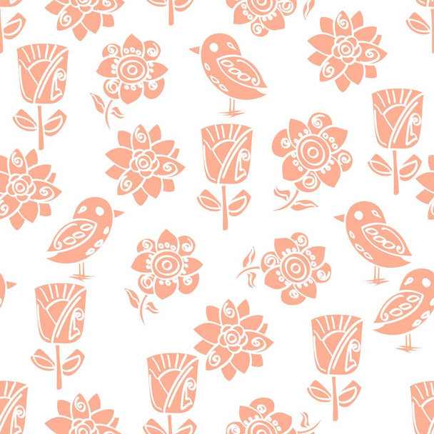 Seamless repeating vector peach colored design of cute birds and flowers in a random arrangement on a white background - Vector, Image