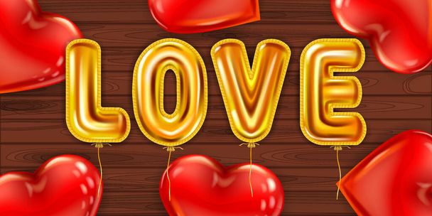 Love gold helium metallic glossy balloons realistic, red heart shape ballons background wood table, party, decoration, greeting card. Vector banner flyer isolated - Vector, Image