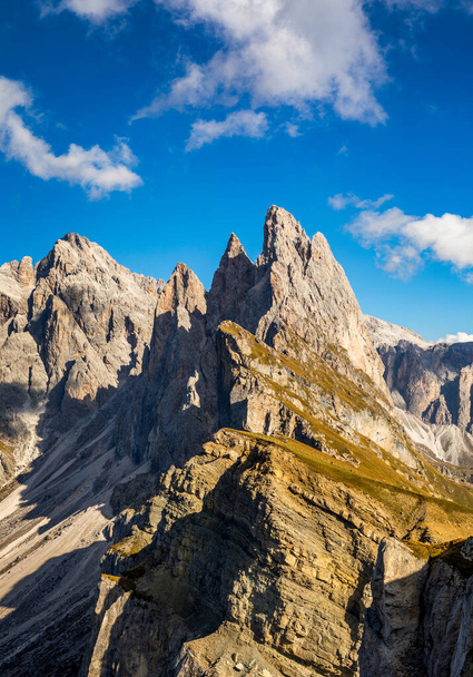 View on Seceda peak. Trentino Alto Adige, Dolomites Alps, South Tyrol, Italy. Odle mountain range, Val Gardena. Majestic Furchetta peak. Odles group seen from Seceda, Santa Cristina Val Gardena. - Photo, Image