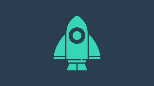 Turkusowa ikona statku rakietowego na niebieskim tle. Podróż kosmiczna. 4K Animacja graficzna ruchu wideo - Materiał filmowy, wideo