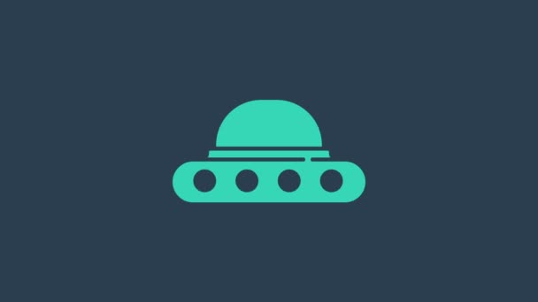 Türkis UFO fliegendes Raumschiff Symbol isoliert auf blauem Hintergrund. Fliegende Untertasse vorhanden. Alien-Raumschiff. Futuristisches unbekanntes Flugobjekt. 4K Video Motion Grafik Animation - Filmmaterial, Video