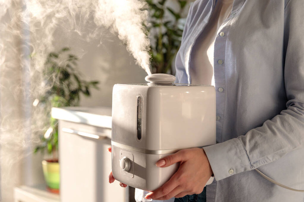 Woman holding in her hands working aroma oil humidifier in sunny room. Increase in air humidity indoors, comfortable living conditions in the heating season in winter in apartments.  - Photo, Image