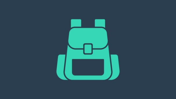 Tyrkysová ikona turistického batohu izolovaná na modrém pozadí. Táboření a poznávání hor batohem. Grafická animace pohybu videa 4K - Záběry, video