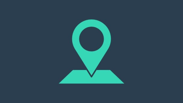 Icône de carte turquoise isolée sur fond bleu. Navigation, pointeur, emplacement, carte, GPS, direction, lieu, boussole, concept de recherche. Animation graphique de mouvement vidéo 4K - Séquence, vidéo