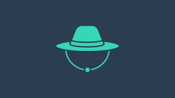 Turquoise Camping kalap ikon elszigetelt kék alapon. Panama strandsapka. Explorer utazók kalap vadászat, túrázás, turizmus. 4K Videó mozgás grafikus animáció - Felvétel, videó