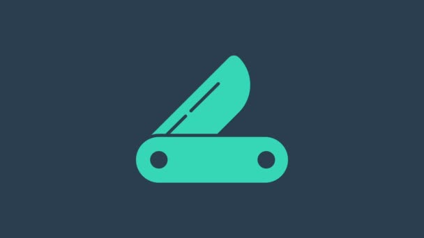 Turquoise Swiss army knife icon isolated on blue background. Multi-tool, multipurpose penknife. Multifunctional tool. 4K Video motion graphic animation - Footage, Video