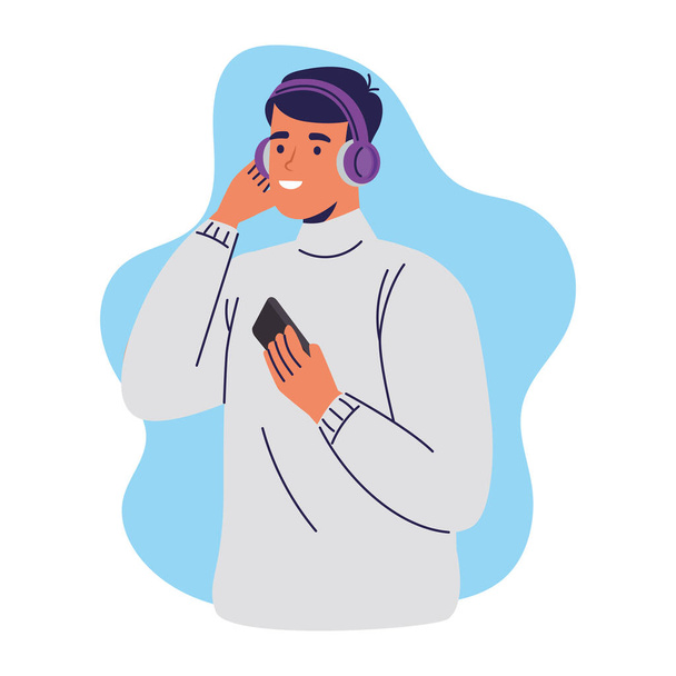 jovem homem usando smartphone ouvindo personagem música - Vetor, Imagem