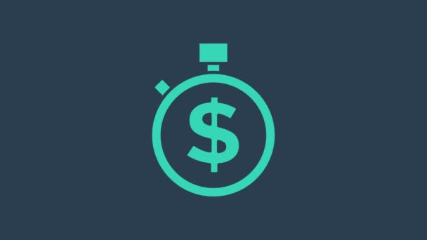 Turquoise Time è un'icona di denaro isolata su sfondo blu. I soldi sono tempo. Gestione efficace del tempo. Converti il tempo in denaro. Segnale del cronometro. Animazione grafica 4K Video motion - Filmati, video