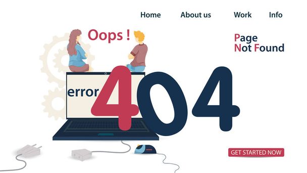 Baner, Ups 404 błąd, strona nie znaleziono, mężczyzna i kobieta siedzi na laptopie, z powrotem do liczb, na stronie internetowej i aplikacji mobilnej projektowania, Płaski wektor ilustracji - Wektor, obraz