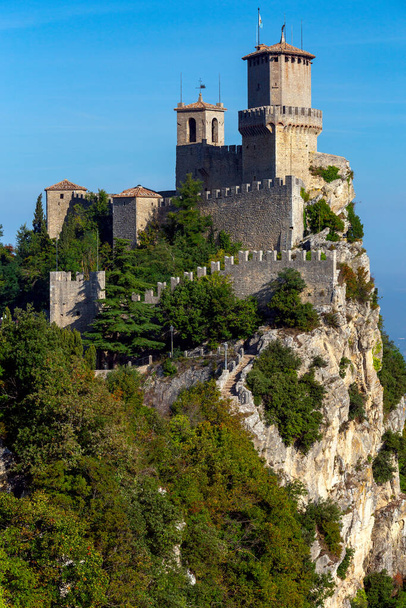San Marino. Old stone towers on top of the mountain. - Photo, Image