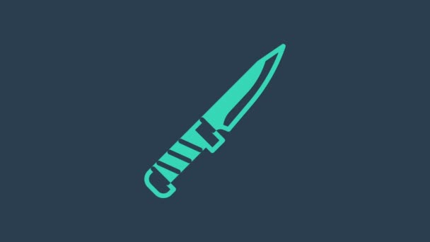 Mavi arka planda izole edilmiş turkuaz askeri bıçak ikonu. 4K Video hareketli grafik canlandırması - Video, Çekim