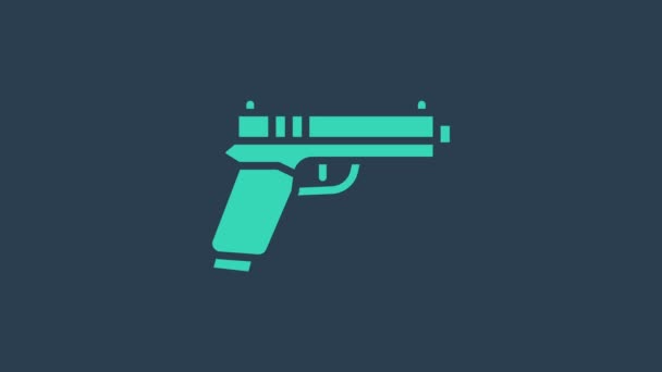 Бірюзовий пістол або ікона гармати ізольована на синьому фоні. Поліція або військовий пістолет. Маленька вогнепальна зброя. 4K Відеографічна анімація - Кадри, відео