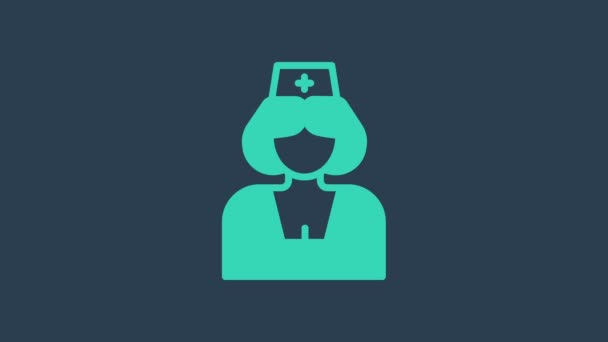 Turkoois Verpleegster icoon geïsoleerd op blauwe achtergrond. Geneeskunde en gezondheidszorg. Gelukkige Internationale Verpleegsters dag. 4K Video motion grafische animatie - Video