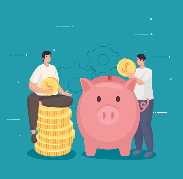 Économisez de l'argent des hommes tenant des pièces avec motif vectoriel cochon - Vecteur, image