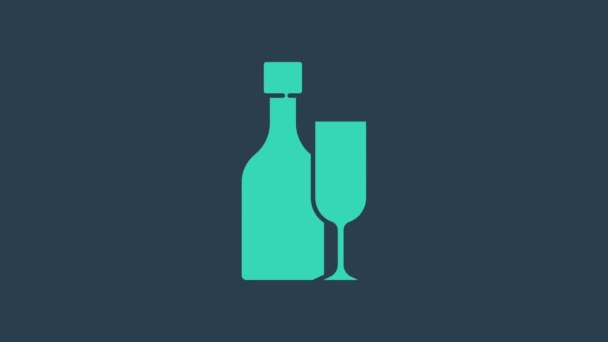 Botella de vino turquesa con icono de vidrio aislado sobre fondo azul. Animación gráfica de vídeo 4K - Metraje, vídeo