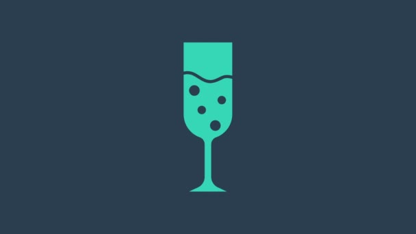 Turquesa Icono de copa de champán aislado sobre fondo azul. Animación gráfica de vídeo 4K - Metraje, vídeo