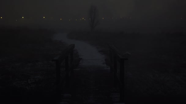 Passerella di legno inquietante ponte verso la città sotto la nebbia notturna - Filmati, video