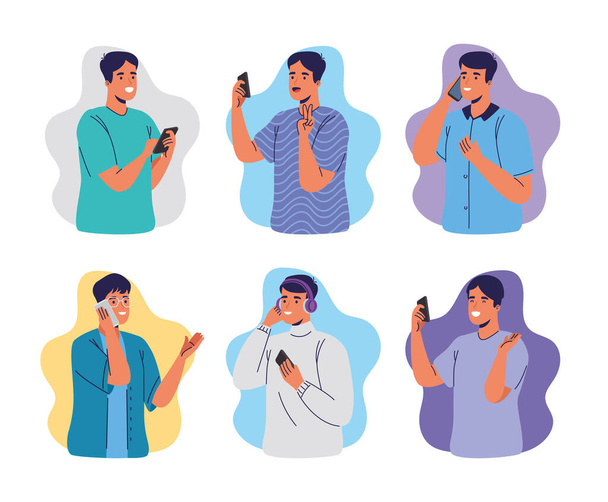grupo de hombres usando personajes de teléfonos inteligentes - Vector, Imagen
